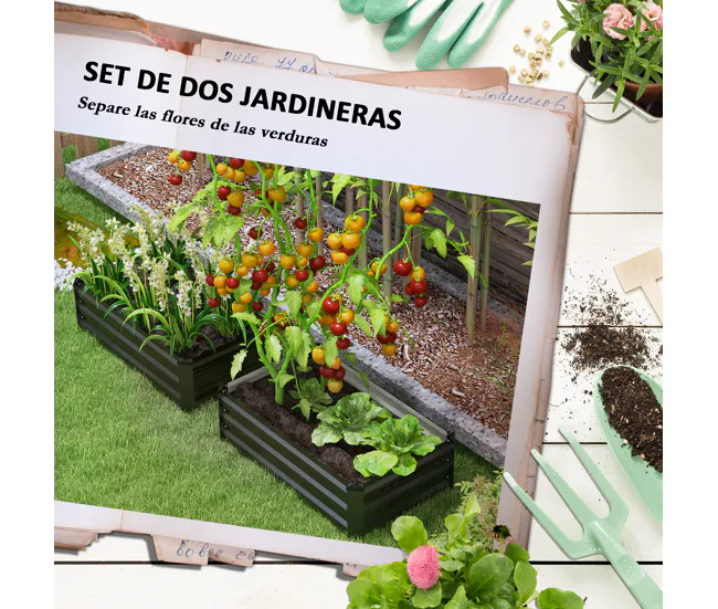 Outsunny Juego de 2 Jardineras de Exterior de Acero Huerto Urbano Rectangular para Cultivos Plantas Flores para Patio Jard...