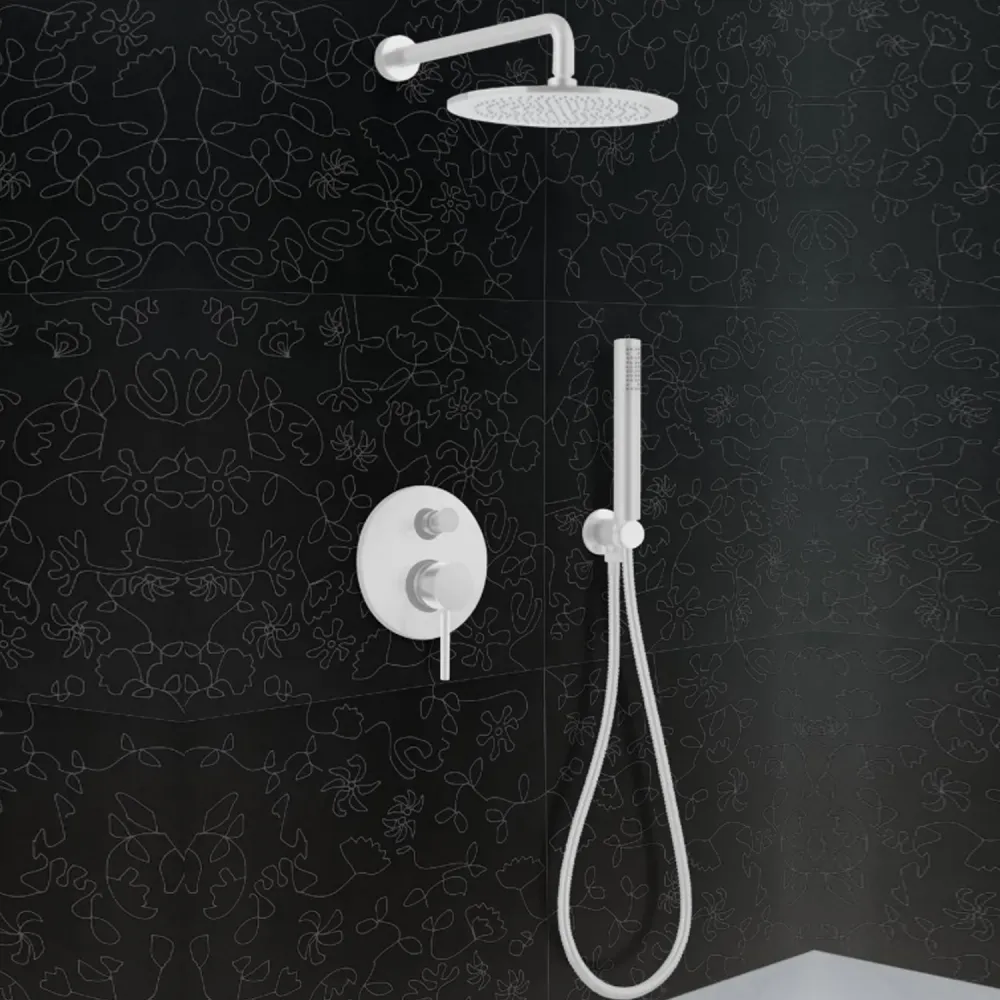 Kit de ducha + cabezal cilíndrico en latón blanco mate serie minimalista Keller Taps