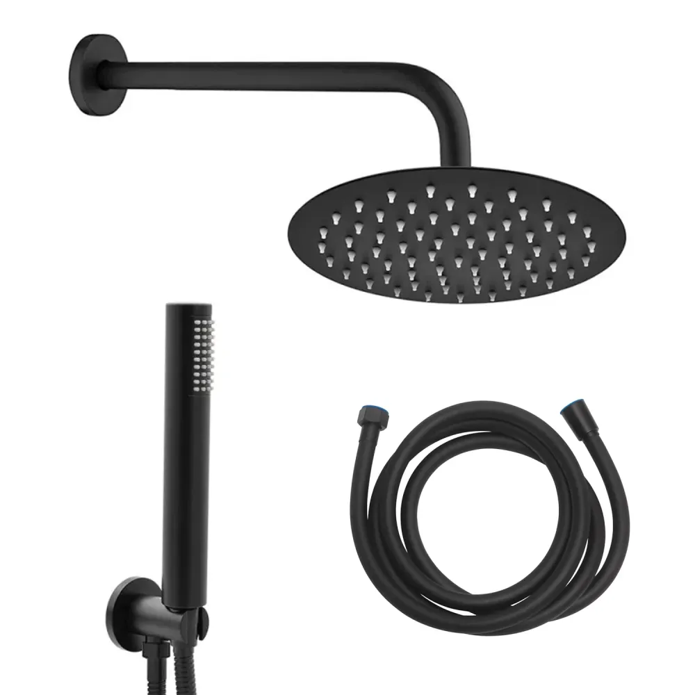 Kit de ducha 5 pz redondo con toma, ducha Galveston, flex cm 150, brazo y rociador Diam.200 - negro mate