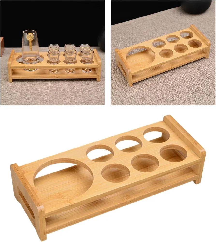 KIT Soporte de madera con 7 agujeros vasos de chupito, 1 jarra 300ml y 6 chupitos