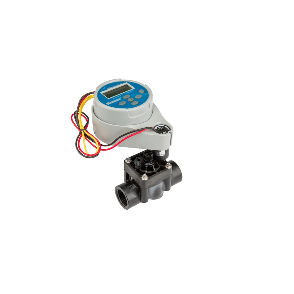 PROGRAMADOR DE RIEGO AUTOMATICO 1 ZONA BATERIA HUNTER NODE 100 CUENTA CON VALVULA 101-GB REGULADOR CAUDAL Y SOLENOIDE