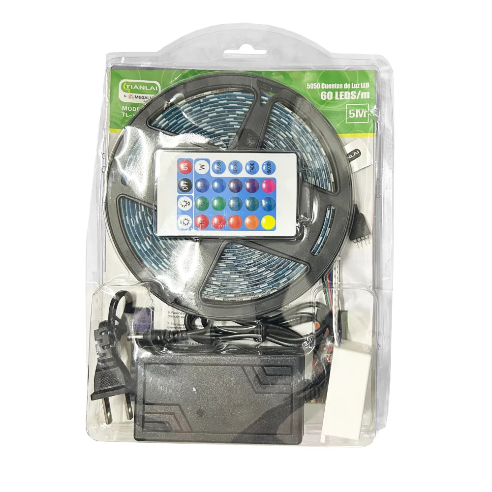 TIRA DE LEDS RGB 5m, 12v, IP65, PRESENTA ELIMINADOR Y CONTROL REMOTO, 60 LEDS TIANLAI T5050RGB08