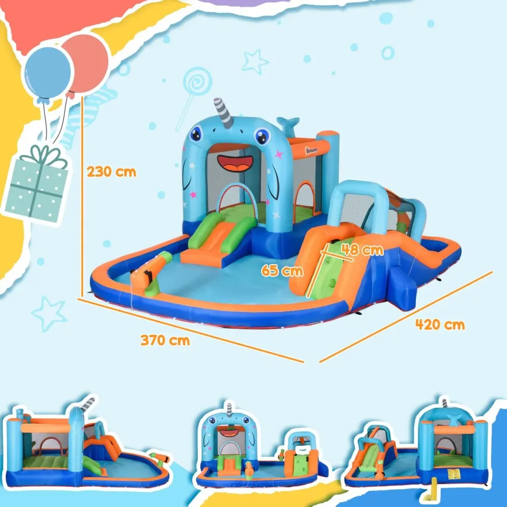 Castillo inflable Narwhal Outsunny 2 toboganes + trampolín + piscina policromático 230x420x370 cm