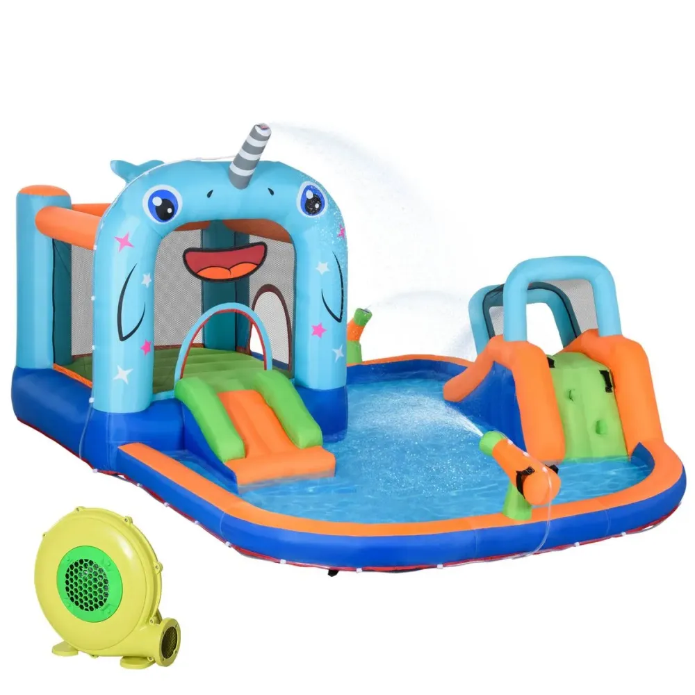 Castillo inflable Narwhal Outsunny 2 toboganes + trampolín + piscina policromático 230x420x370 cm