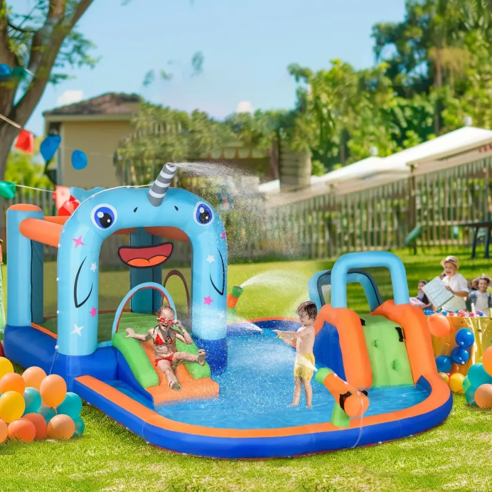 Castillo inflable Narwhal Outsunny 2 toboganes + trampolín + piscina policromático 230x420x370 cm
