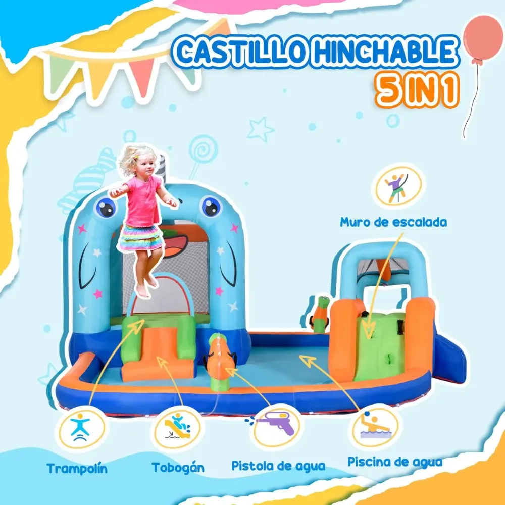 Castillo inflable Narwhal Outsunny 2 toboganes + trampolín + piscina policromático 230x420x370 cm