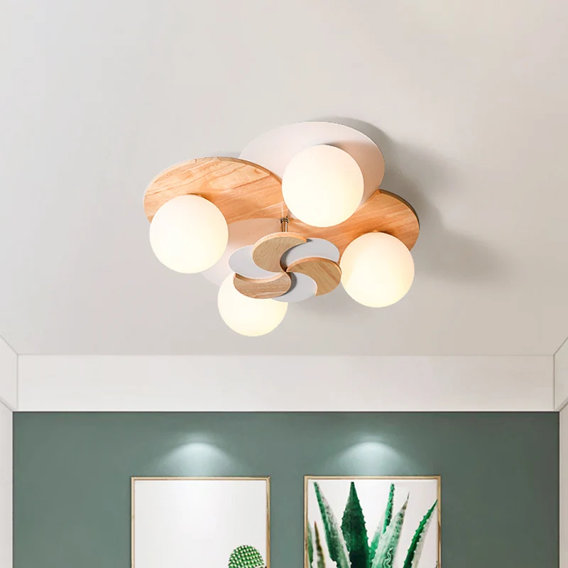 Iluminación de montaje semiempotrado de madera de molino de viento nórdico, accesorio de techo de 4 bombillas para dormito...