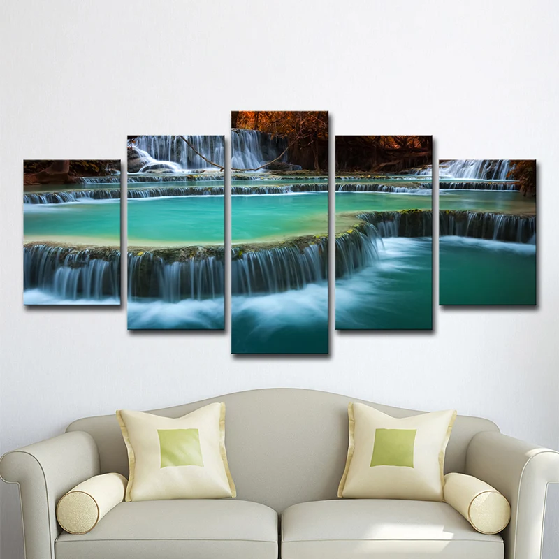 Aqua Cascade Spring Water Lona Art Decoración de pared de varias piezas para sala de estar Aguamarina