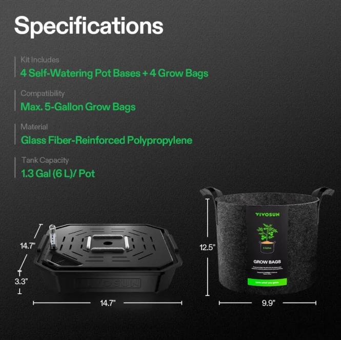 Filtro de Estanque Self-Watering Fabric Pot Base and Grow Bag Set - 4 Pack