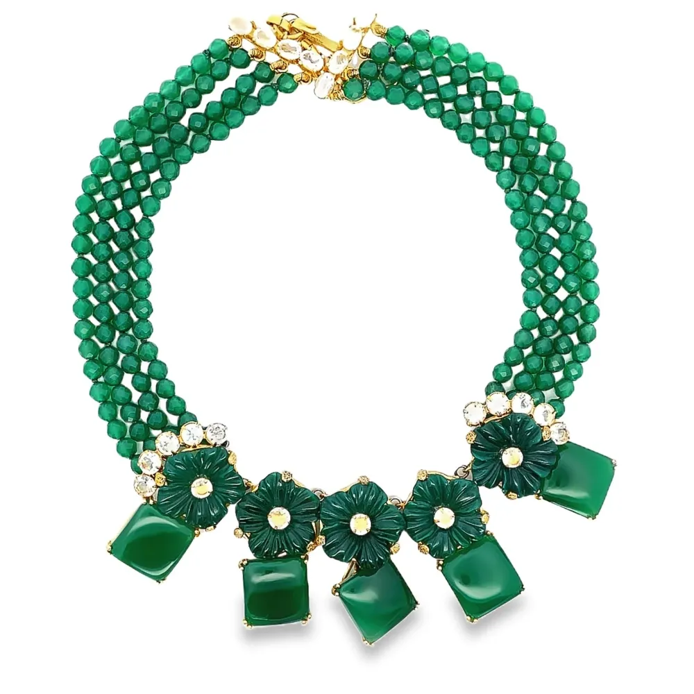 NECKLACE SET GREEN ONYX CLEAT QUARTZ AND VERDE AGATE FLOWER