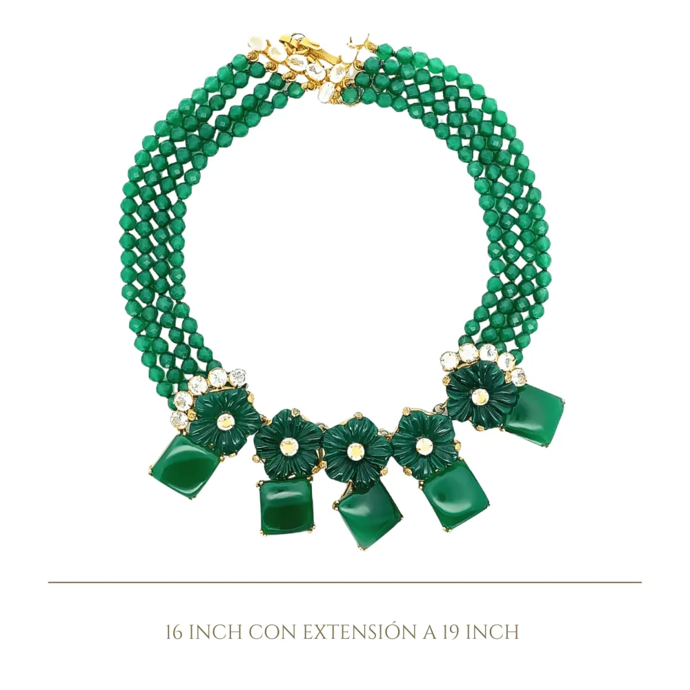 NECKLACE SET GREEN ONYX CLEAT QUARTZ AND VERDE AGATE FLOWER