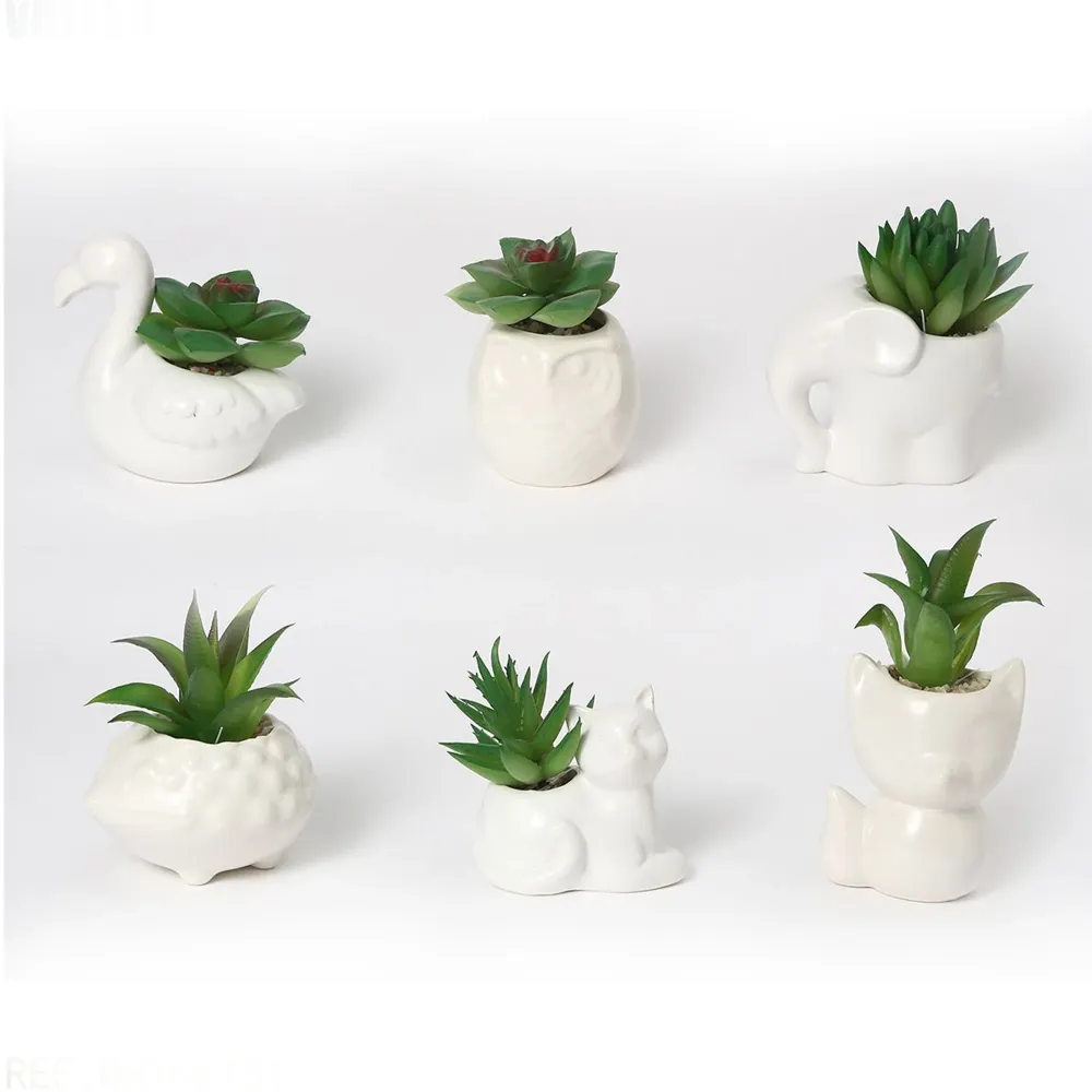 Profesional Impermeable Paquete de 6 plantas artificiales de cerámica con forma de animal, diversas plantas verdes en mace...