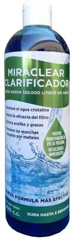 Filtro de Arena Miraclear 500 c.c.Clarificador , Floculante, eliminador de grasa para piscinas, piscinas desmontables y Spas