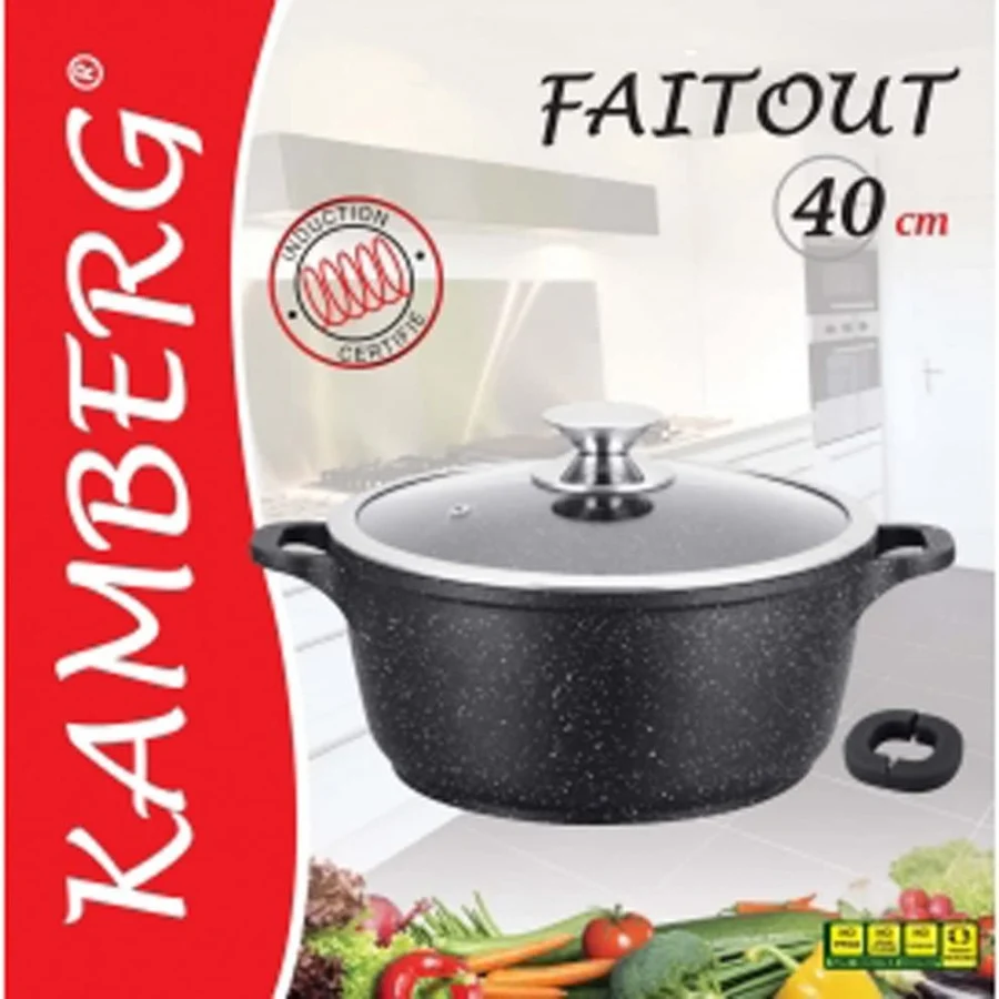 Cocotte Faitout 40 cm - Fonte d'Aluminium - Revêtement type pierre - Couvercle en verre - Tous feux dont induction - Sans...