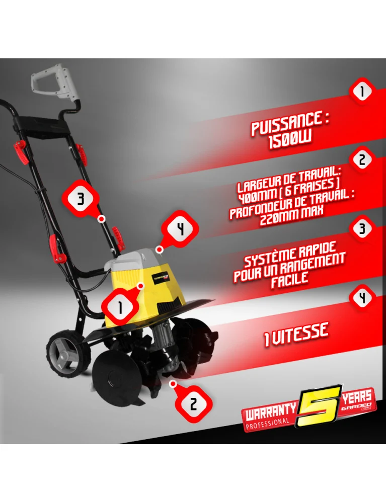 Motobineuse électrique 1500W - 6 fraises - 40 cm de largeur, profondeur 22 cm Ideal para Reuniones