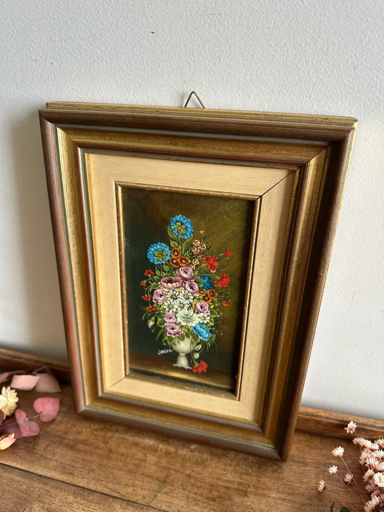 Peinture florale sur fond marron glacé cadre rectangulaire con Pie Plegable