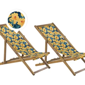 Ajuste Universal Conjunto de 2 tumbonas de jardín de madera de acacia clara con tela amarillo/azul/verde ANZIO