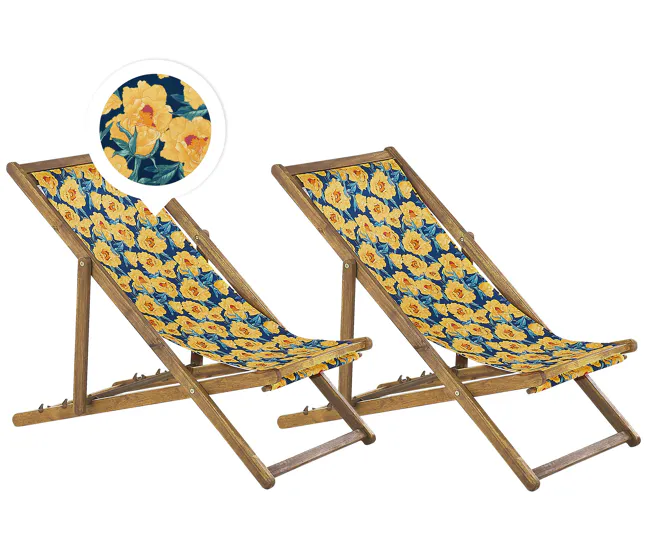 Ajuste Universal Conjunto de 2 tumbonas de jardín de madera de acacia clara con tela amarillo/azul/verde ANZIO