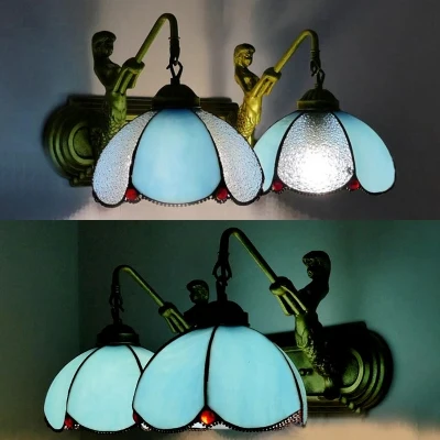 Applique murale à 2 pétales en verre transparent/bleu méditerranéen avec plaque arrière en forme de sirène con Cordón de A...