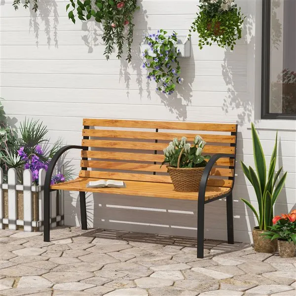 Banco de jardín Outsunny 2 plazas con respaldo y apoyabrazos natural/negro 80x122x60 cm con Cordón de Ajuste