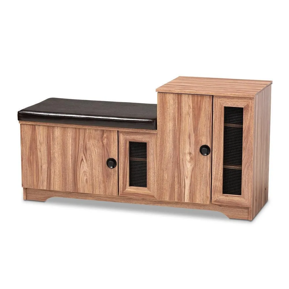 Banco zapatero Valina moderno y contemporáneo de dos puertas, tapizado en piel sintética marrón opaco y madera con gabinet...