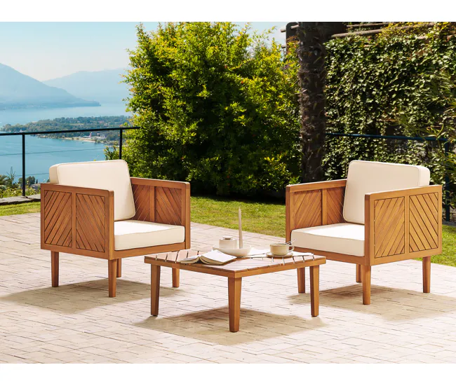 Conjunto de balcón 2 plazas de madera de acacia clara/blanco crema BARATTI con Ventanas de Ventilación