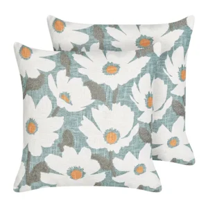 Conjunto de 2 cojines de algodón motivo floral azul 45 x 45 cm JATROPHA con Protección UV