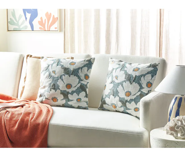 Conjunto de 2 cojines de algodón motivo floral azul 45 x 45 cm JATROPHA con Protección UV