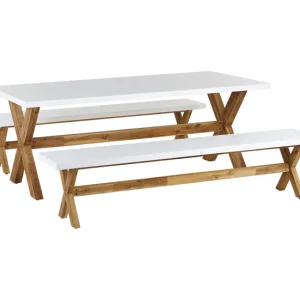 Conjunto de mesa con 2 bancos, blanco/madera clara OLBIA con Ventanas de Ventilación