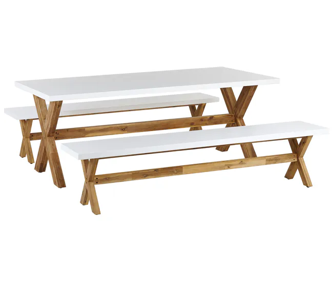 Conjunto de mesa con 2 bancos, blanco/madera clara OLBIA con Ventanas de Ventilación