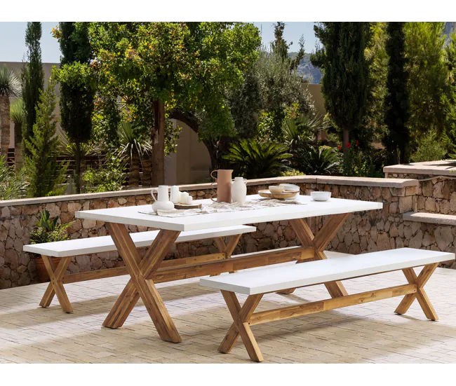 Conjunto de mesa con 2 bancos, blanco/madera clara OLBIA con Ventanas de Ventilación