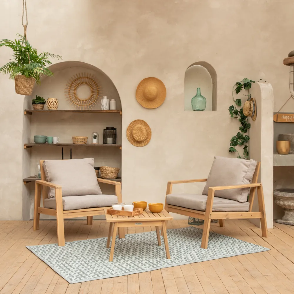 Conjunto de muebles de jardín de acacia 2 plazas gili - cojines arena para Mesa de 180 cm