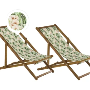 Conjunto de 2 tumbonas de jardín de madera de acacia clara con tela rosa/verde/blanco ANZIO con Ventanas de Ventilación