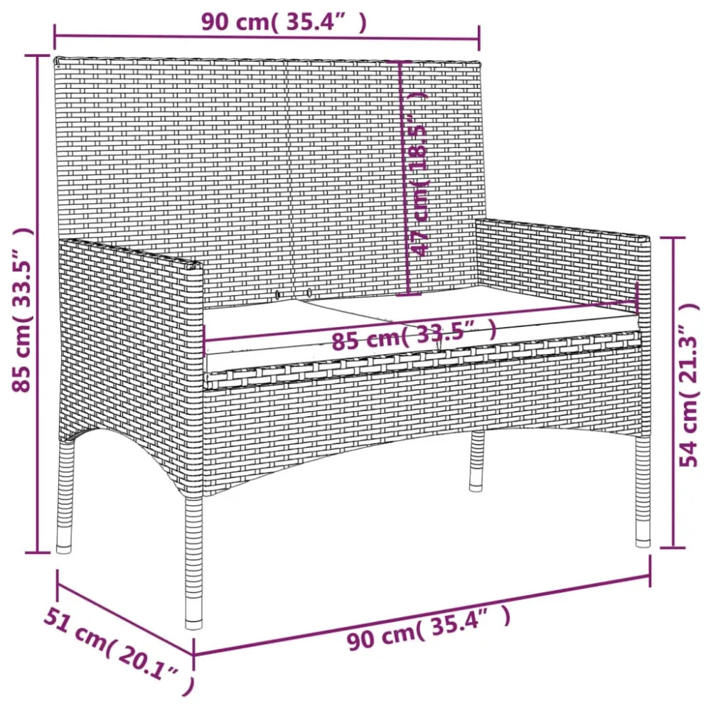 Funda de Almacenamiento Banco de jardín 2 plazas estructura de ratán con cojines 85x90x51 cm