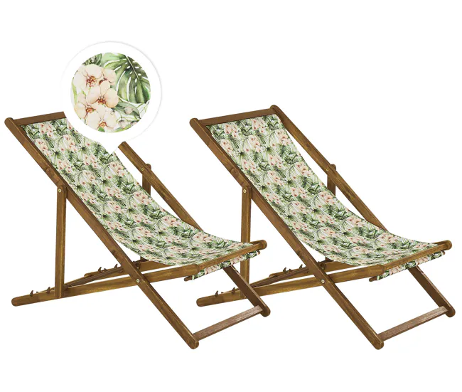 Funda de Almacenamiento Conjunto de 2 tumbonas de jardín de madera de acacia clara con tela rosa/verde/blanco ANZIO