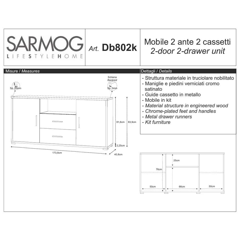 Mobile Credenza da Soggiorno con 2 ante e 2 cassetti finitura Struttura Noce Stelvio / Finitura Frontale Ossido Nero Sarmo...