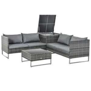 Outsunny Conjunto de 4 Muebles de Jardín de Ratán con 2 Sofás Dobles Mesa Central Mesa con Arcón Cojines Extraíbles para T...