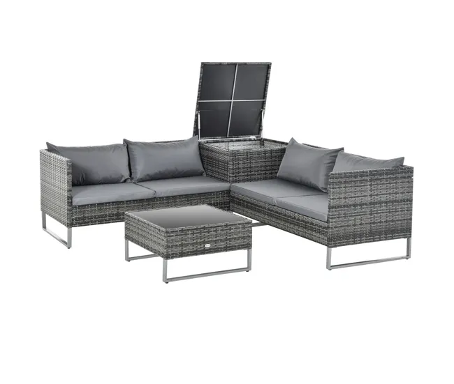 Outsunny Conjunto de 4 Muebles de Jardín de Ratán con 2 Sofás Dobles Mesa Central Mesa con Arcón Cojines Extraíbles para T...