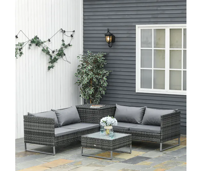 Outsunny Conjunto de 4 Muebles de Jardín de Ratán con 2 Sofás Dobles Mesa Central Mesa con Arcón Cojines Extraíbles para T...