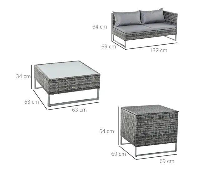 Outsunny Conjunto de 4 Muebles de Jardín de Ratán con 2 Sofás Dobles Mesa Central Mesa con Arcón Cojines Extraíbles para T...