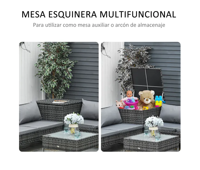 Outsunny Conjunto de 4 Muebles de Jardín de Ratán con 2 Sofás Dobles Mesa Central Mesa con Arcón Cojines Extraíbles para T...