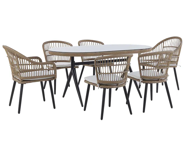 Premium para Exteriores Conjunto de jardín 6 plazas de ratán beige/natural/negro ALIANO II