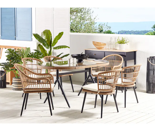 Premium para Exteriores Conjunto de jardín 6 plazas de ratán beige/natural/negro ALIANO II