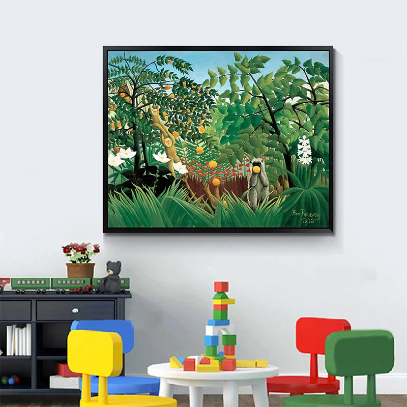 Henri Rousseau Jungle Mandrill Lienzo Verde Infantil Arte Decoración de Pared para Dormitorio Resistente al Óxido Verde