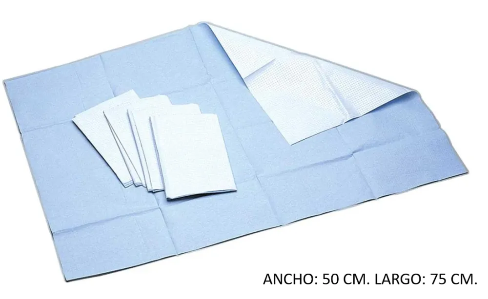 Tallas polipropileno + polietileno. Plastificadas azul o verde. Ancho: 50 cm. Prolongado: 75 cm. Estériles