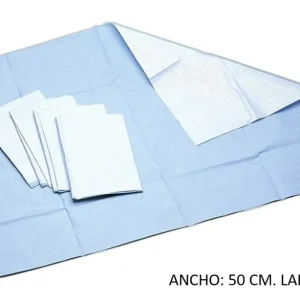 Tallas Polipropileno + Polietileno. Plastificadas Azul o Verde. Amplio: 50 cm. Largo: 50 cm. Estériles.