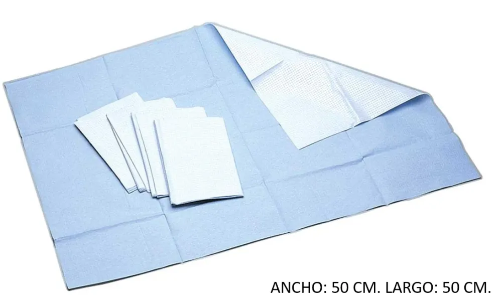 Tallas Polipropileno + Polietileno. Plastificadas Azul o Verde. Amplio: 50 cm. Largo: 50 cm. Estériles.