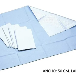 Tallas polipropileno + polietileno. Plastificadas azul o verde. Amplio: 50 cm. Largo: 75 cm. Estériles