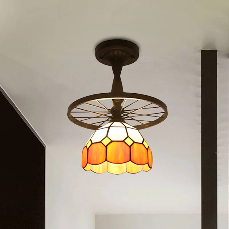 Plafoniera cupola con griglia 1 testa con motivo girasole/vittoriano/diamante/quadrato Tiffany vetro antico con montaggio...