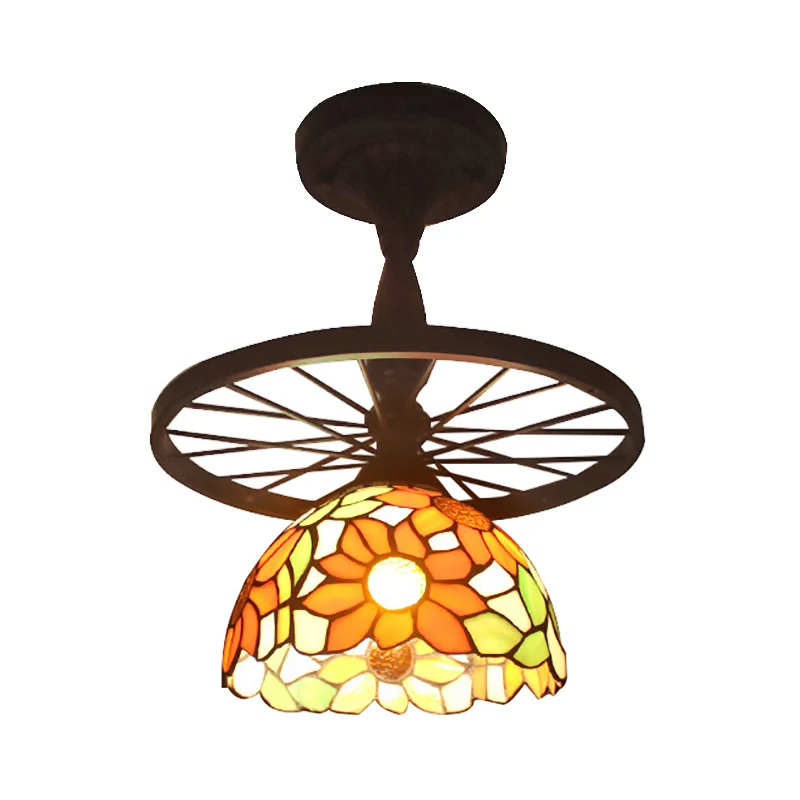 Plafoniera cupola con griglia 1 testa con motivo girasole/vittoriano/diamante/quadrato Tiffany vetro antico con montaggio...